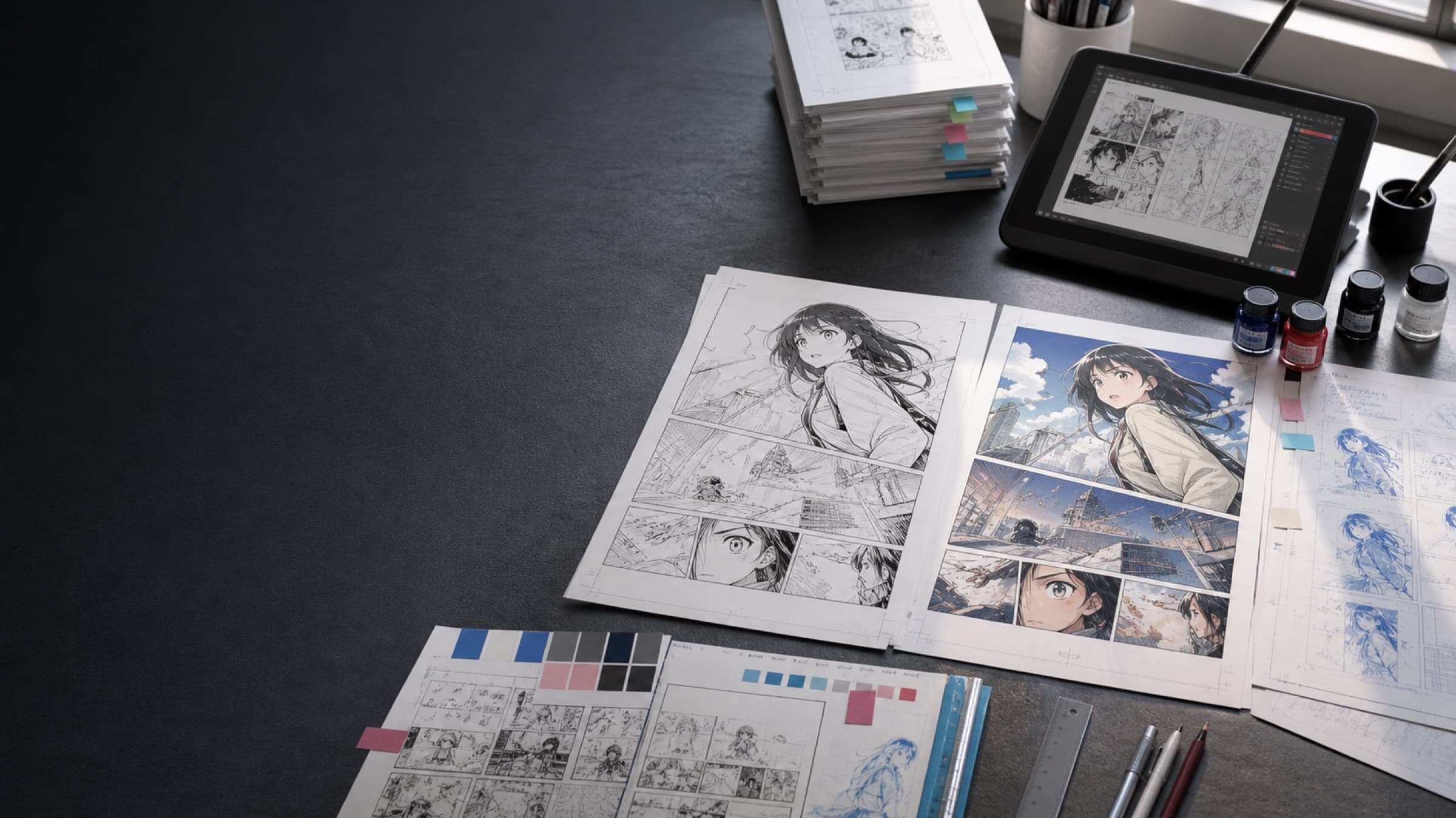 A working manga production desk with inked and color-proof pages